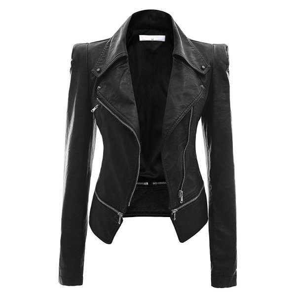 Black Lady's Fashion Leather Outerwear Lightweight